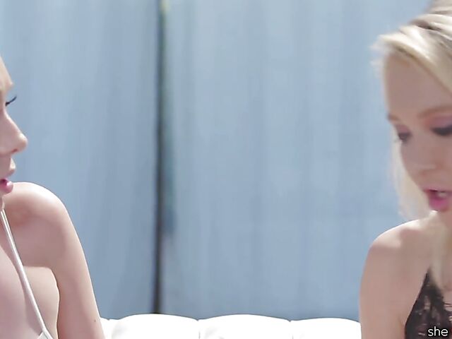 Petite blonde lesbians Athena May and Dakota Skye lick and trib