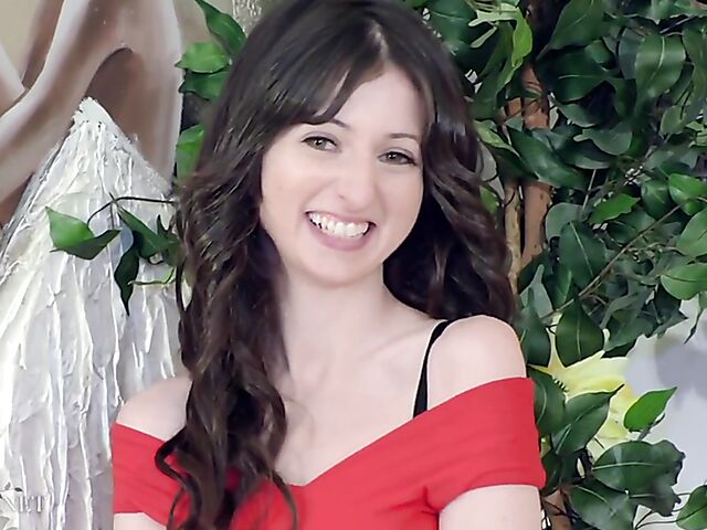 Slim brunette solo with James Ellie taking off her red mini-dress and black lingerie