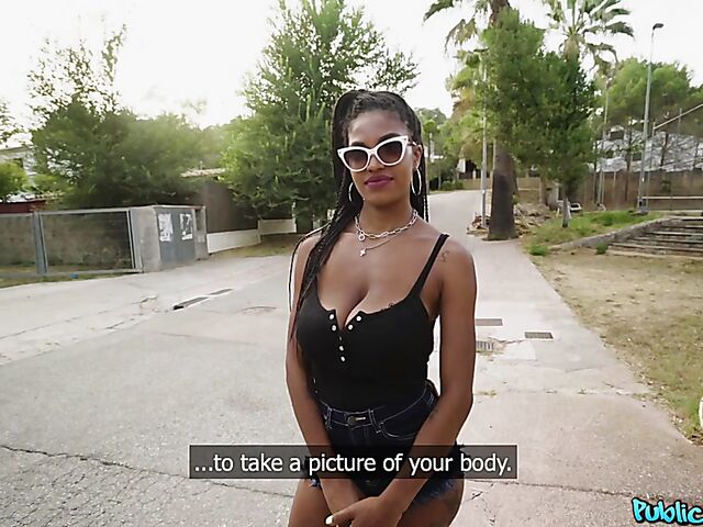 Ebony huge tits girl Tina Fire fucks a white cock outdoors for cash