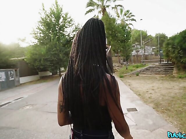 Ebony huge tits girl Tina Fire fucks a white cock outdoors for cash