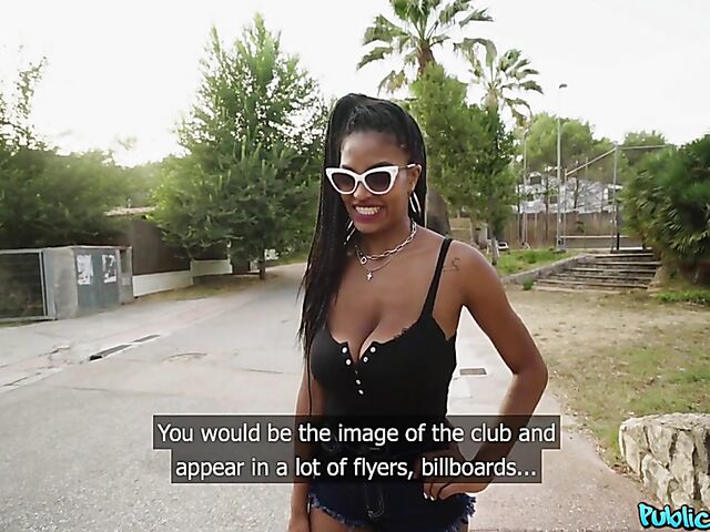 Ebony huge tits girl Tina Fire fucks a white cock outdoors for cash