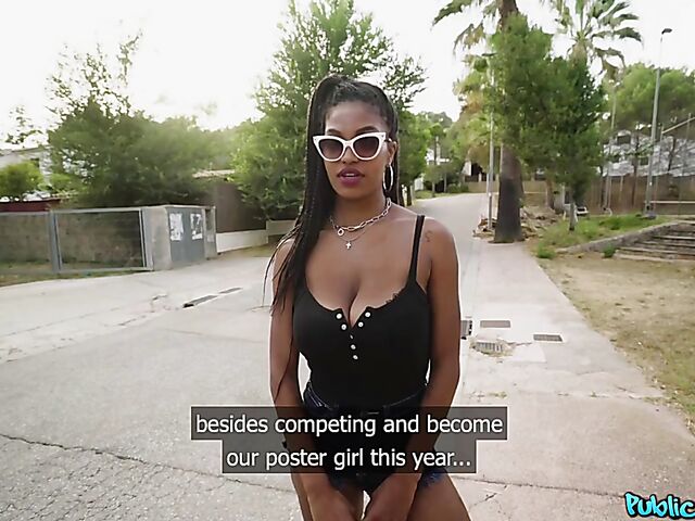 Ebony huge tits girl Tina Fire fucks a white cock outdoors for cash