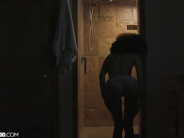 Ebony black cock lover Cecilia Lion gets it started in the shower