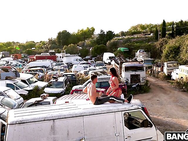 Outdoor public sex in the junkyard with hot Ariana Van X in red lingerie