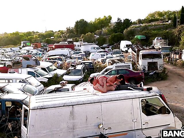  Outdoor public sex in the junkyard with hot Ariana Van X in red lingerie