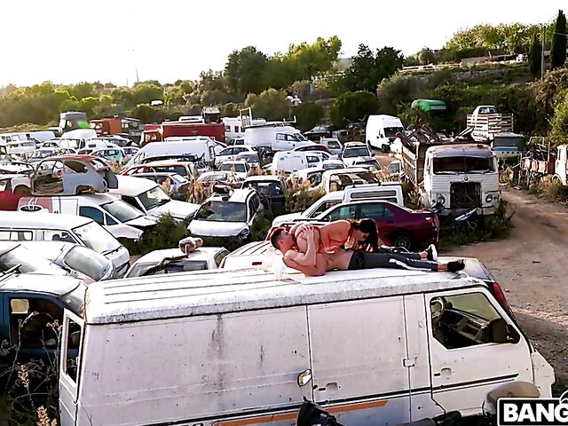  Outdoor public sex in the junkyard with hot Ariana Van X in red lingerie