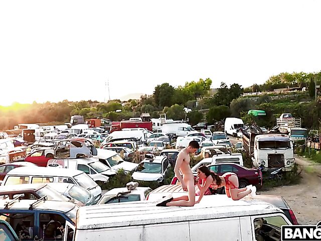  Outdoor public sex in the junkyard with hot Ariana Van X in red lingerie