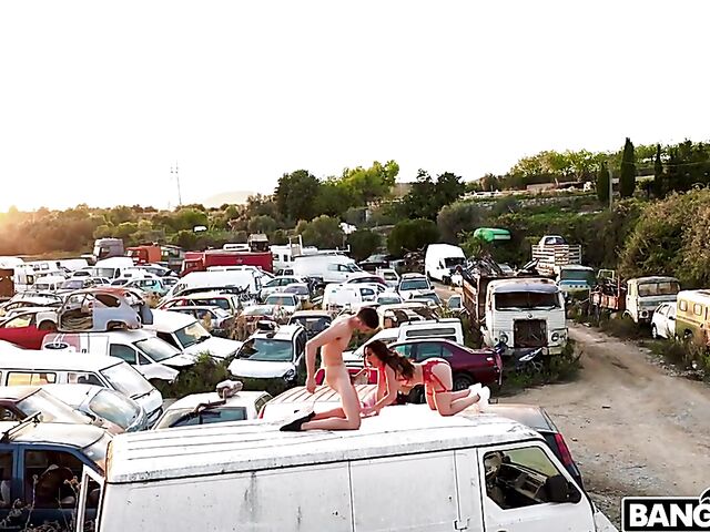  Outdoor public sex in the junkyard with hot Ariana Van X in red lingerie
