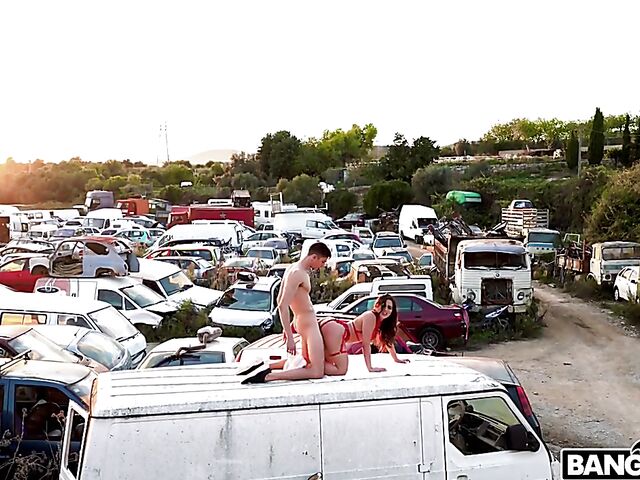  Outdoor public sex in the junkyard with hot Ariana Van X in red lingerie