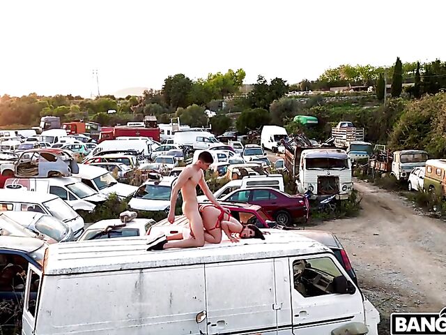  Outdoor public sex in the junkyard with hot Ariana Van X in red lingerie