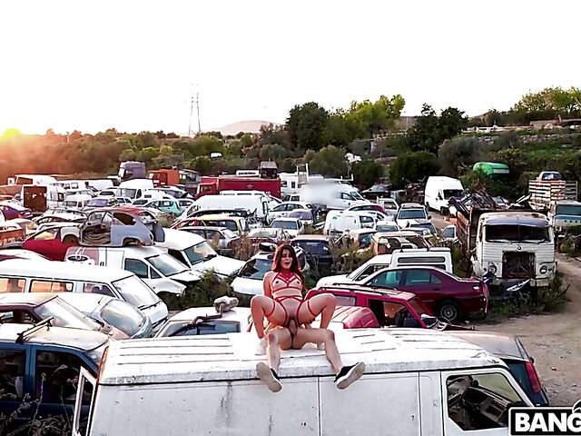  Outdoor public sex in the junkyard with hot Ariana Van X in red lingerie