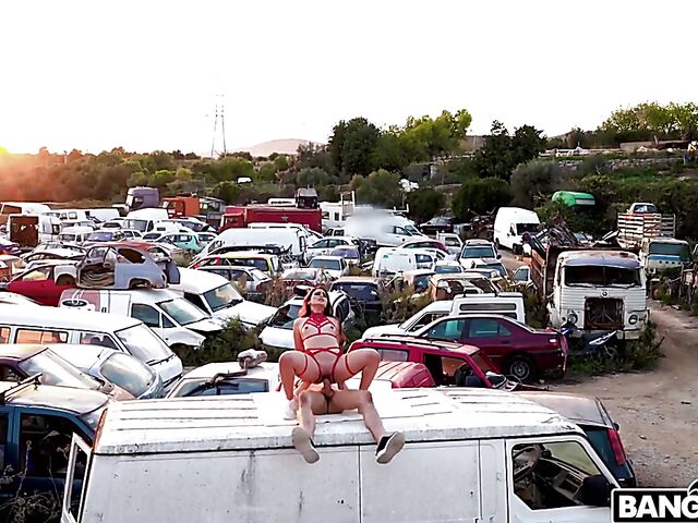  Outdoor public sex in the junkyard with hot Ariana Van X in red lingerie