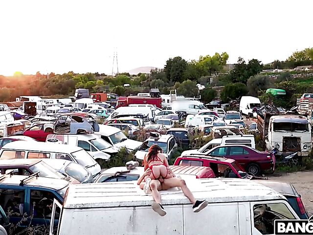  Outdoor public sex in the junkyard with hot Ariana Van X in red lingerie