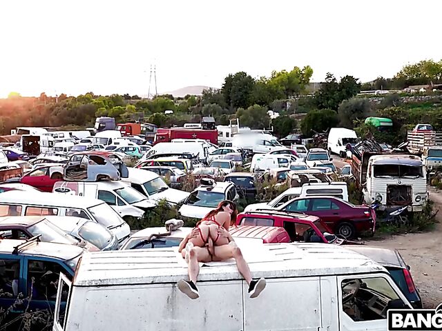  Outdoor public sex in the junkyard with hot Ariana Van X in red lingerie