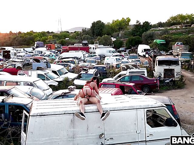  Outdoor public sex in the junkyard with hot Ariana Van X in red lingerie