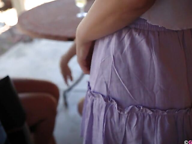 Three lesbians Eva Maye, Kitty Du Jour and Rubi Valentine drink champagne and fist each other's pussies in the backyard