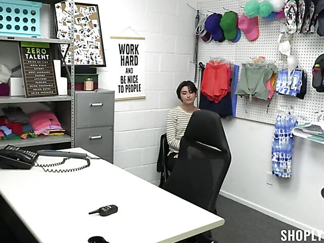 Bad shoplifter Angeline Red stripped naked and fucked by the officer