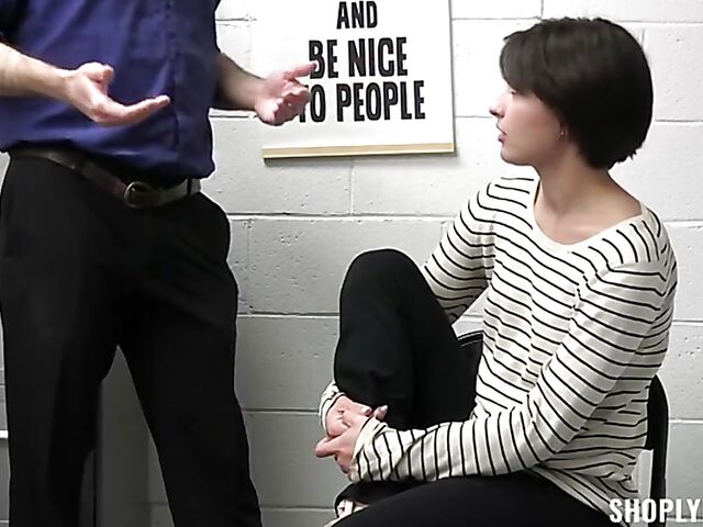 Bad shoplifter Angeline Red stripped naked and fucked by the officer