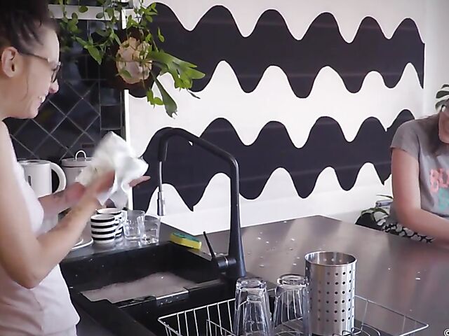 Lauryl & Isha - Lesbian glasses and bushy pussies in the kitchen