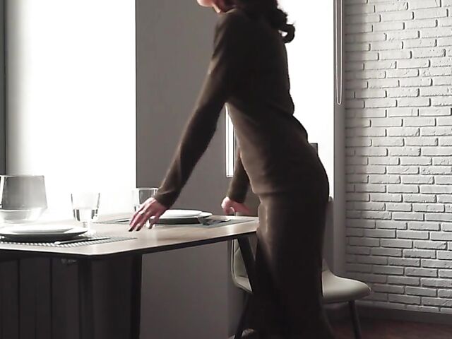 Lovely Gwen shows off her sexy legs and feet and fingers herself on the table