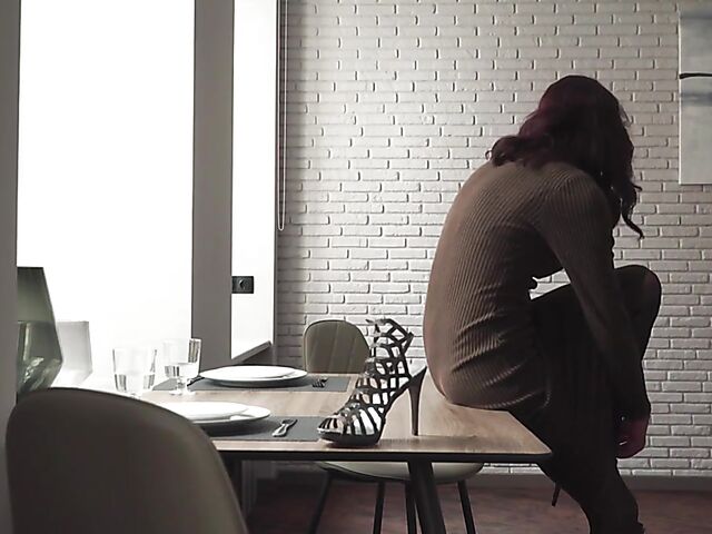 Lovely Gwen shows off her sexy legs and feet and fingers herself on the table