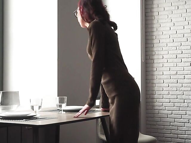 Lovely Gwen shows off her sexy legs and feet and fingers herself on the table