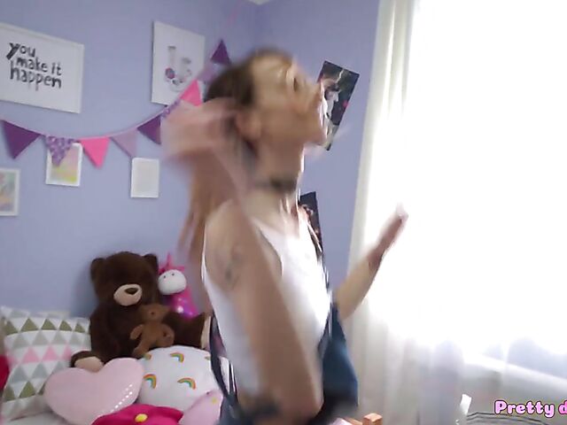 Nerd fucks Adelle Unicorn's trimmed teen bush in her room