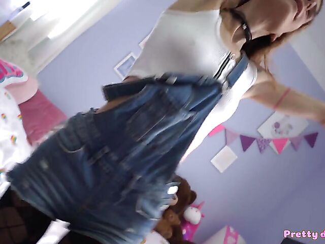 Nerd fucks Adelle Unicorn's trimmed teen bush in her room