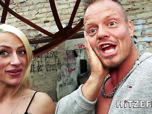 German tattooed blonde with a pierced clit Harleen Van Hynten gets screwed outside