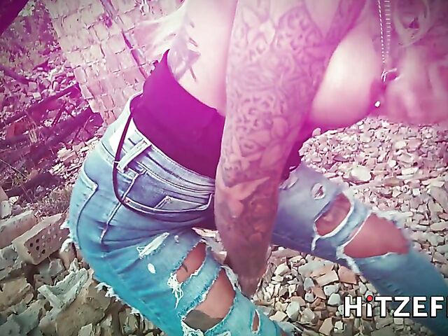 German tattooed blonde with a pierced clit Harleen Van Hynten gets screwed outside