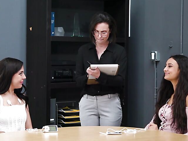 Young lesbians Whitney Wright and Eliza Ibarra lose control in front of Casey Calvert during the study
