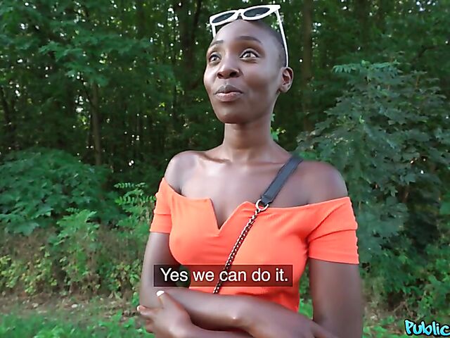 POV interracial outdoor fucking in the woods for money with shaved head black slut Zaawaadi