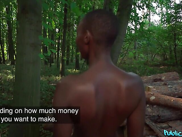 POV interracial outdoor fucking in the woods for money with shaved head black slut Zaawaadi