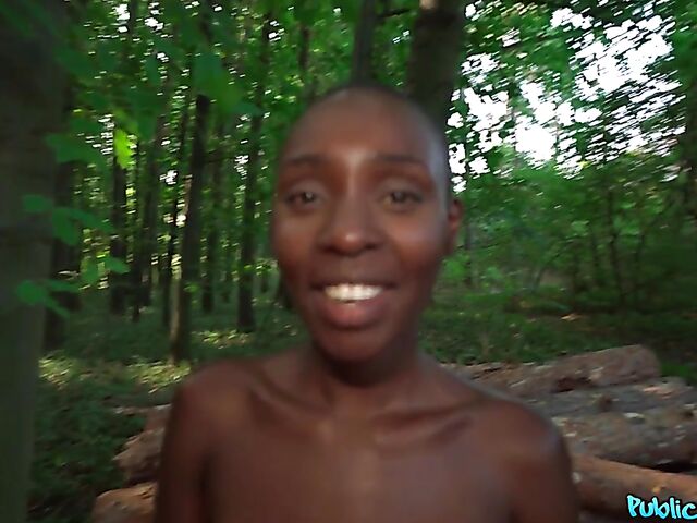 POV interracial outdoor fucking in the woods for money with shaved head black slut Zaawaadi
