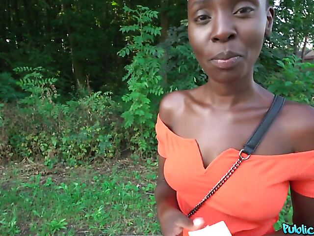 POV interracial outdoor fucking in the woods for money with shaved head black slut Zaawaadi