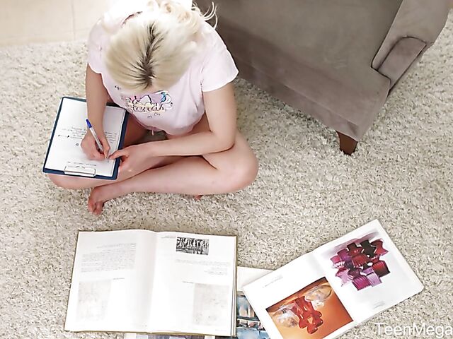 Young blonde student Hanna Rey studying and fucking