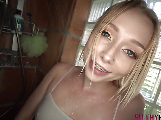 Wet panties and shower blowjob with Athena May
