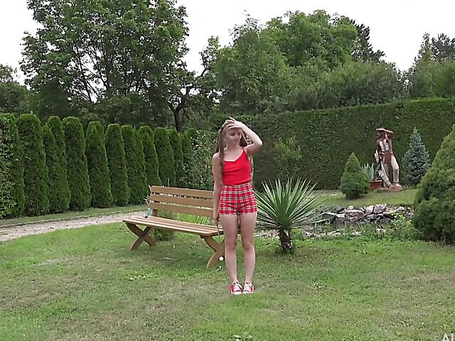 Lady Bug - Pigtails and pussy insertion in the garden