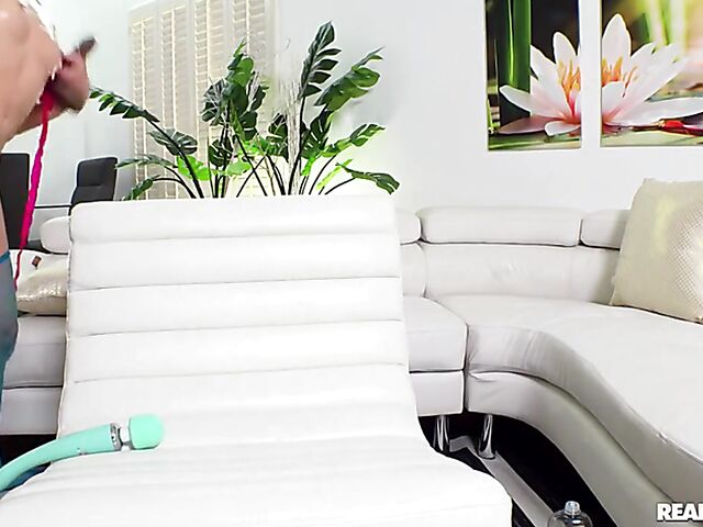 Skinny masturbation addict in blue stockings Aiden Ashley talks dirty while fucking her cunt with her toys