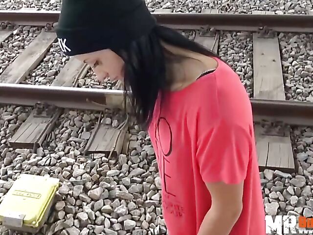 Outdoor sex next to railroad tracks with slutty Black Sophie