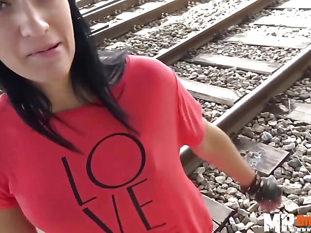Outdoor sex next to railroad tracks with slutty Black Sophie