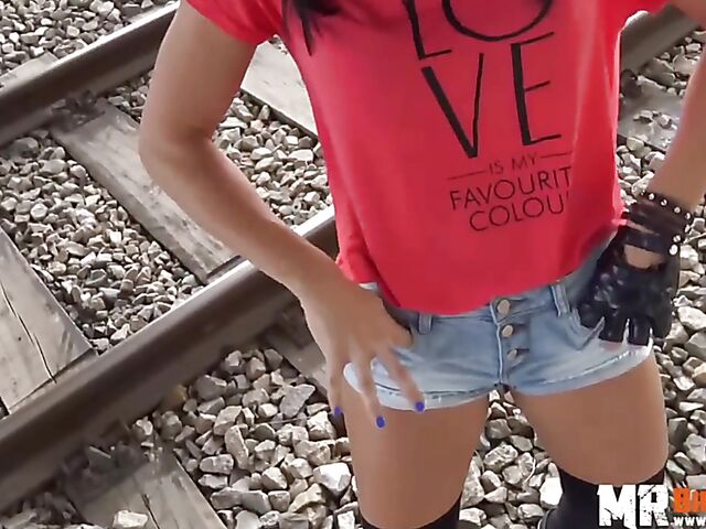 Outdoor sex next to railroad tracks with slutty Black Sophie