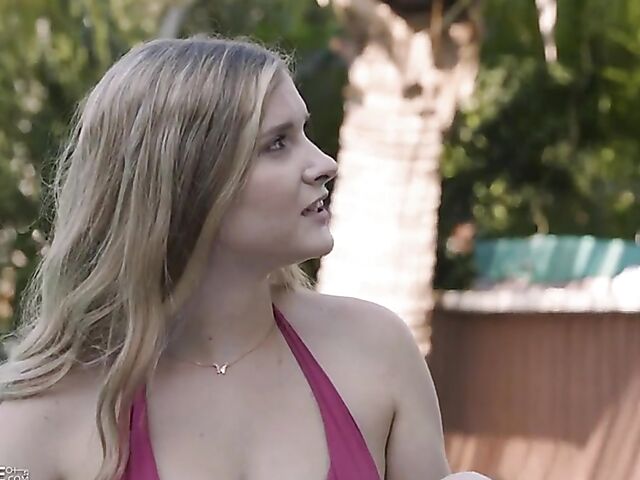 Young babe Harlow West sucks poolside and gets nailed in the living room