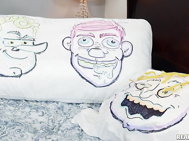 Pillow humping and interracial threesome in ripped leggings with teen Dixie Lynn and two boys 