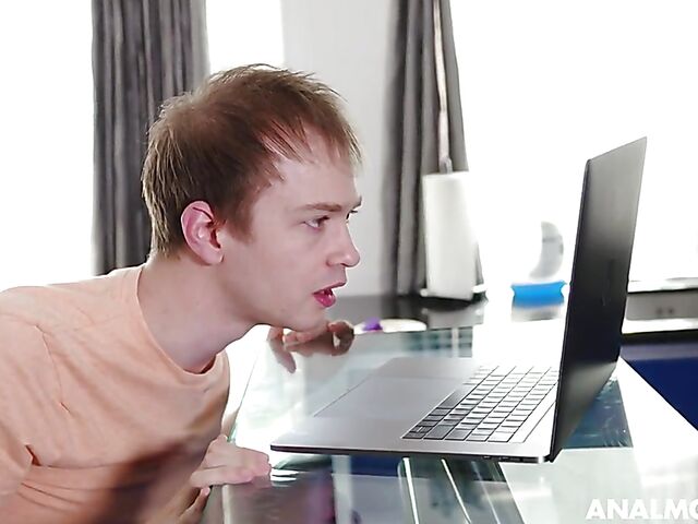 Lilian Stone - Bespectacled big tits redhead anal show in her black stockings for a boy