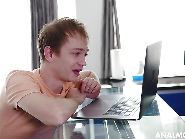 Lilian Stone - Bespectacled big tits redhead anal show in her black stockings for a boy