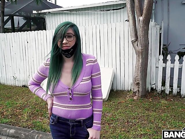 Green hair girl with glasses Savannah Siren shows her pretty boobs and jumps in to have sex in the van