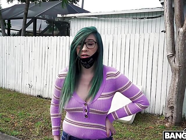 Green hair girl with glasses Savannah Siren shows her pretty boobs and jumps in to have sex in the van