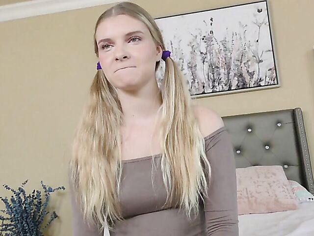 Blond teen with pigtails Harlow West takes a break from fucking to eat his ass