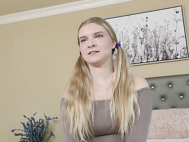 Blond teen with pigtails Harlow West takes a break from fucking to eat his ass